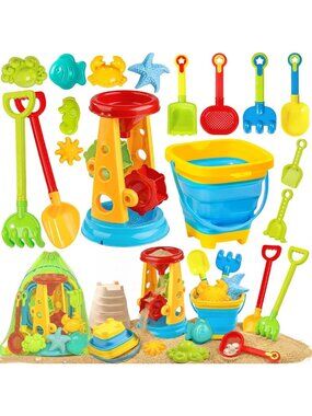 Collapsible Beach Sand Toys Set for Kids - Bucket, Water Wheel, Shovels & Molds